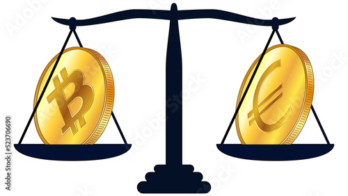 Gold coin of Bitcoin BTC and Euro EUR on scales isolated on white background. Laws on digital assets CBDC. Design element.