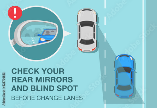 Safe driving rules and tips. Check your mirrors and blind spot before change lanes. Close-up view of a vehicle wing mirror. Top view. Flat vector illustration template.