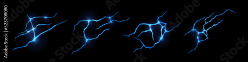 Magic glow in ground cracks, blue glowing texture in cracking holes or ruined land surface. Destruction, split, damage fissure effect after disaster, frozen water, Realistic 3d vector isolated set