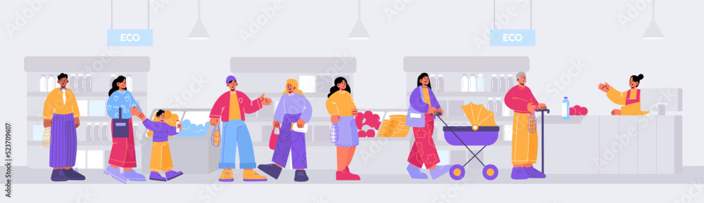 People buying organic products in eco shop, flat characters. Vector illustration of happy young and senior male, female customers, children standing in store queue at cash desk to pay for purchases