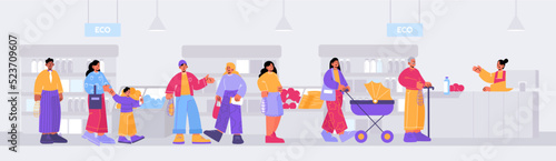 People buying organic products in eco shop, flat characters. Vector illustration of happy young and senior male, female customers, children standing in store queue at cash desk to pay for purchases