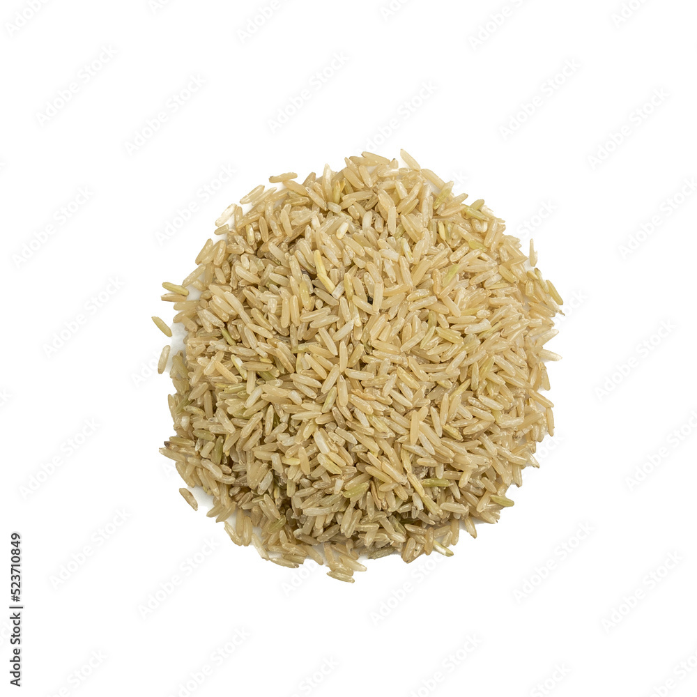 Pile of brown rice, unpolished rice, half milled rice, milled rice imperfectly cleaned isolated on white background.Food concept from whole grains. Top view, Flat lay Pile of brown rice, unpolished rice, half milled rice, milled rice imperfectly cleaned isolated on white background.Food concept from whole grains. Top view, Flat lay