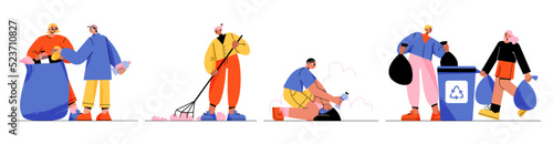 People volunteers clean nature park, beach or city from trash. Vector flat illustration of persons collect garbage in bags and containers for recycle. Concept of ecology, environment care