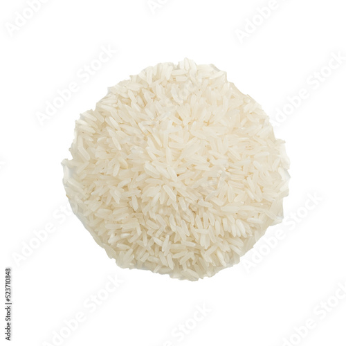 Pile of Raw Thai fragrant jasmine rice (Oryza sativa) isolated on white background.concept for agricultureใTop view, Flat lay 