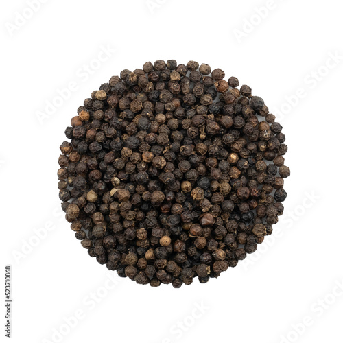 Pile of black pepper seed isolated on white background.Spices or seasonings Herb concept from whole grains. Top view, Flat lay