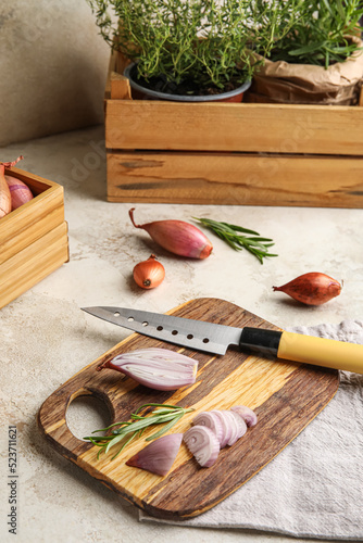 Wooden board with cut onion...
