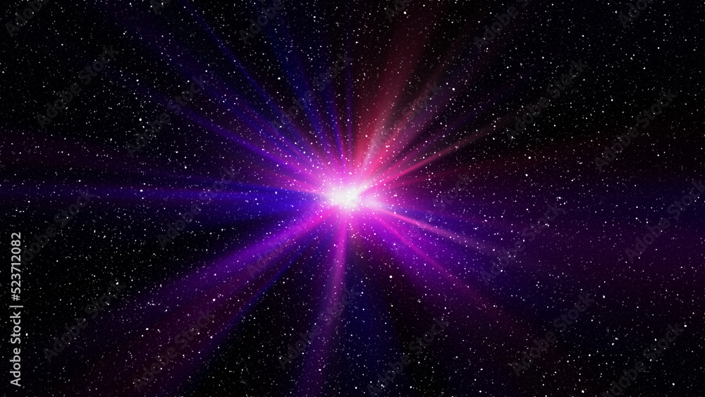 Fototapeta premium Burst of light in space. Night black starry sky horizontal background
