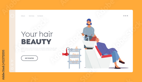 Hair Styling and Beauty Landing Page Template. Young Woman Sitting at Sink, Hairdresser Master Painting Client Hair