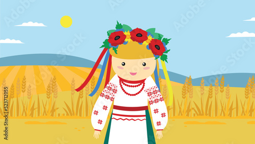 A girl in a Ukrainian vyshyvanka and a wreath stands in a wheat field