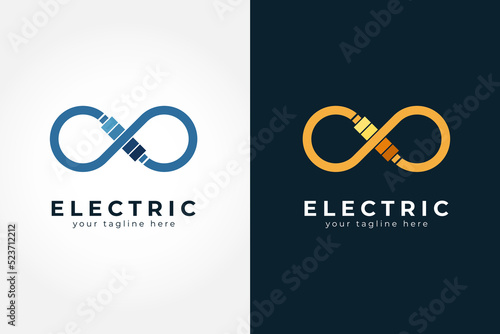 Electric battery Logo, battery with infinity icon combination, Flat design logo template, vector illustration