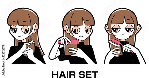 ヘアセットをする女の子のイラスト