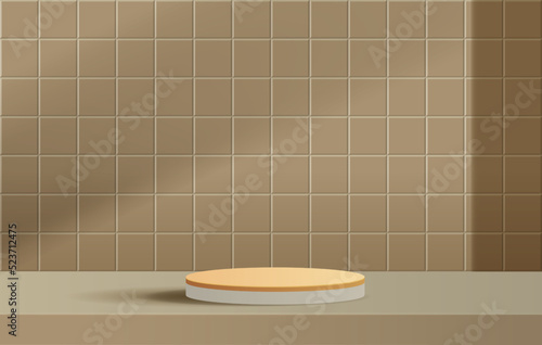 Cosmetic background and premium podium podium on the table with brown tile texture wall scene and display for product presentation branding and packaging presentation. studio stage vector design