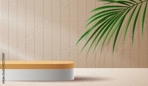 Cosmetic brown background and premium podium display for product presentation branding and packaging presentation. studio stage with shadow of leaf background. vector design