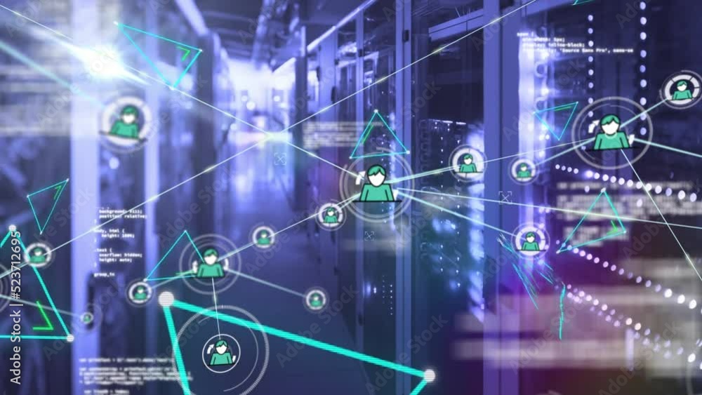 Animation of network of connections with icons and data processing over server room Animation of network of connections with icons and data processing over server room