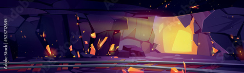 Gold mine tunnel inside view, cave with railway, golden shine, precious ingots and nuggets in rocks and stone shaft walls. Cartoon game background, mining quarry lndscape, 2d Vector illustration