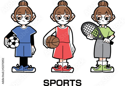 テニス部、バスケットボール部、サッカー部の女の子のイラスト