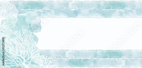 Pre-made design on a marine theme with corals, waves,  watercolor splash and place for text. Vector layout decorative greeting card or invitation design background.