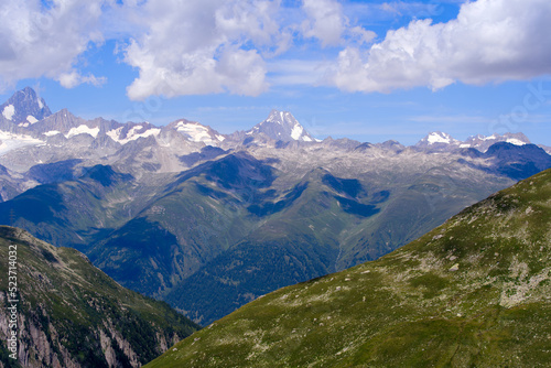 Beautiful mountain panorama seen from summt of Nufenen Pass on a sunny summer day. Photo taken July 3rd, 2022, Nufenen Pass, Switzerland. © Michael Derrer Fuchs