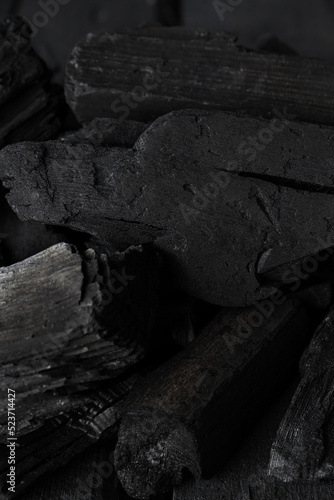 Natural black hard wood charcoal, close up