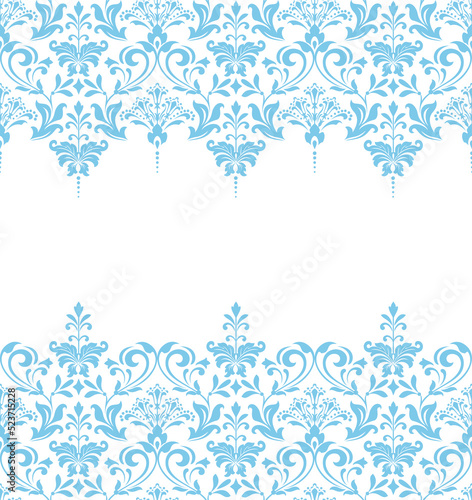 Wallpaper in the style of Baroque. Seamless vector background. White and blue floral ornament. Graphic pattern for fabric, wallpaper, packaging. Ornate Damask flower ornament