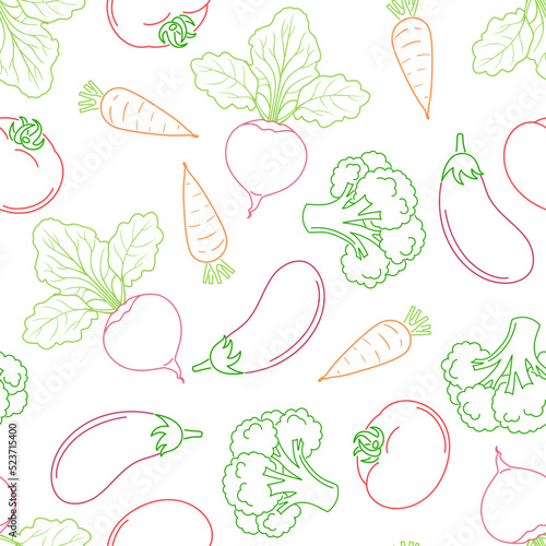 Outline multi colored vegetables seamless pattern. Vector background with food icons. Simple illustration of carrot, broccoli, eggplant, tomato and beetroot with leaf.