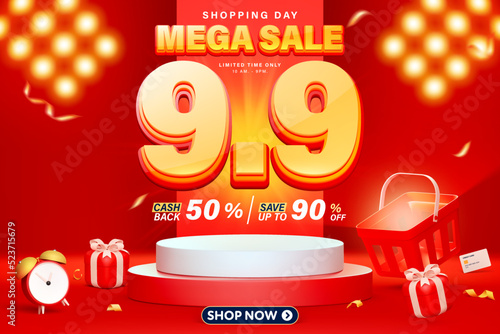 9.9 3D style mega sale banner template design for web or social media.