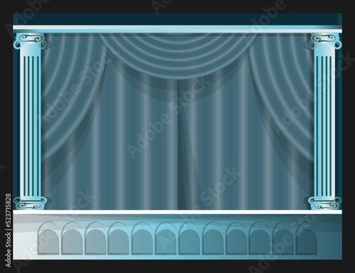 Theater stage with roman columns and closed draped curtain. Blue color palette. Vector illustration