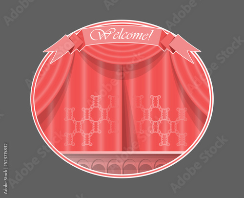 Schilderij op canvas Theatrical stage with a pink patterned curtain and an inscription on the top - Welcome! Oval icon, symbol, emblem, sign
