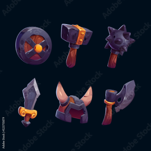 Viking game props icons, medieval battle axe, mace, horned helmet, sword and round shield. Scandinavian nordic warrior weapon and armor, isolated ui rpg game design assets elements, Cartoon vector set
