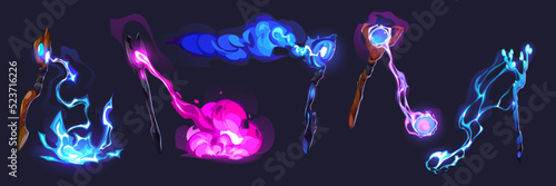 Magic spells effects, attacks of magician staves isolated on background. Wizard wooden sticks with glow energy beam, fireball and lightnings, vector cartoon set