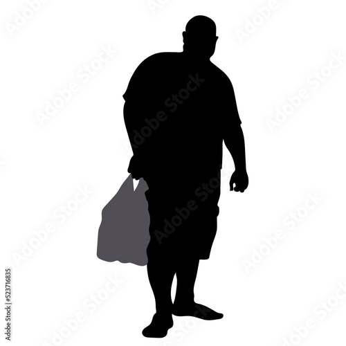 Vector silhouette of a fat man in summer clothes with a bag in his hand. Isolated on white background.