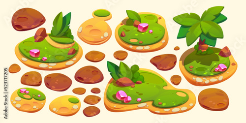 Game elements for level map ui design, islands with crystals, palm trees, green grass and rocks. Cartoon 2d nature locations, fantasy landscape platforms, environment graphics for pc or mobile arcade