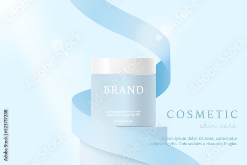 Blue cosmetic 3d background with ribbon.