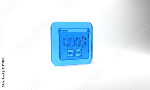 Blue Monitor with dollar icon isolated on grey background. Sending money around the world, money transfer, online banking, financial transaction. Glass square button. 3d illustration 3D render