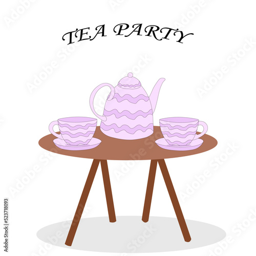 set of teapot teapot and cups of purple flowers on the table.Tea party vector illustration