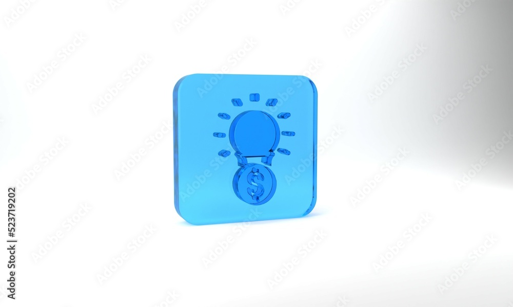 Blue Light bulb with dollar symbol icon isolated on grey background. Money making ideas. Fintech innovation concept. Glass square button. 3d illustration 3D render Blue Light bulb with dollar symbol icon isolated on grey background. Money making ideas. Fintech innovation concept. Glass square button. 3d illustration 3D render