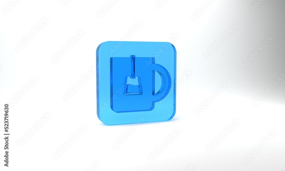 Blue Cup of tea icon isolated on grey background. Glass square button. 3d illustration 3D render Blue Cup of tea icon isolated on grey background. Glass square button. 3d illustration 3D render
