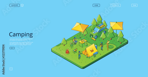 Camping isometric landing page, summer camp with people, car, campfire, tents, table, umbrella, barbecue and chairs in forest. Summertime vacation, traveling, hiking trip 3d vector line art web banner