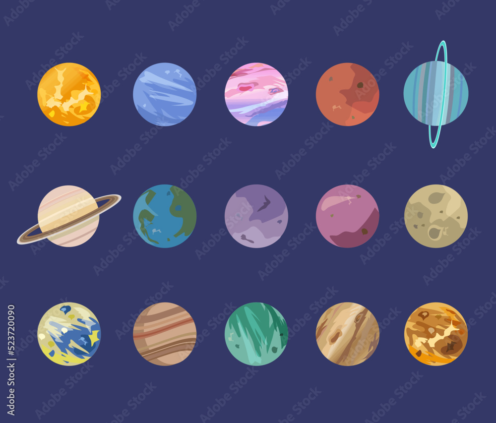 Set of planets. Colorful set of isolated objects. Space background. 
