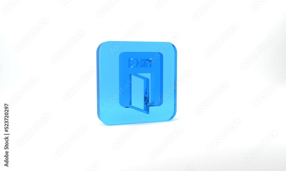 Blue Fire exit icon isolated on grey background. Fire emergency icon. Glass square button. 3d illustration 3D render Blue Fire exit icon isolated on grey background. Fire emergency icon. Glass square button. 3d illustration 3D render