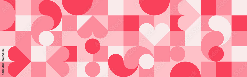 Seamless pink background for Mother's Day card template. Trendy geometric shapes with circles, squares and hearts in retro style for a Valentine's Day or wedding day cover.