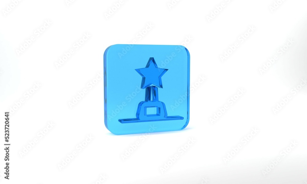 Blue Movie trophy icon isolated on grey background. Academy award icon. Films and cinema symbol. Glass square button. 3d illustration 3D render Blue Movie trophy icon isolated on grey background. Academy award icon. Films and cinema symbol. Glass square button. 3d illustration 3D render