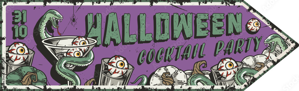 Fototapeta premium Halloween cocktail cemetery party poster with eye, snake and martini