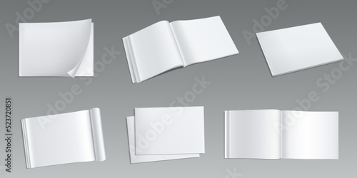 Magazine, horizontal, album mock up, brochure or booklet template. Isolated open notebook with white blank pages. Empty paper catalog, journal on grey background, Realistic 3d vector illustration