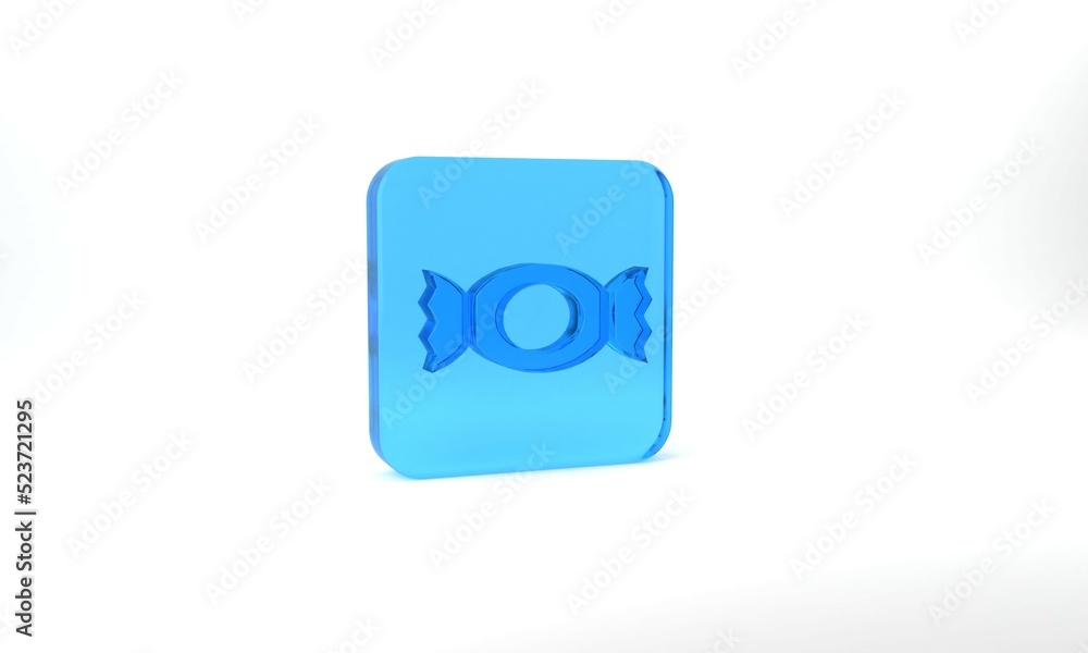 Blue Candy icon isolated on grey background. Happy Halloween party. Glass square button. 3d illustration 3D render Blue Candy icon isolated on grey background. Happy Halloween party. Glass square button. 3d illustration 3D render