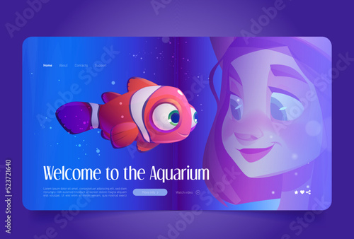 Welcome to aquarium cartoon landing page. Young girl look on clown fish swimming in blue water, oceanarium tour with tropical underwater animals, marine fauna habitats, vector illustration, web banner