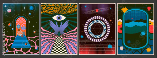 1980s Abstract Design Posters Set. Psychedelic Retro Colors Abstraction Arts