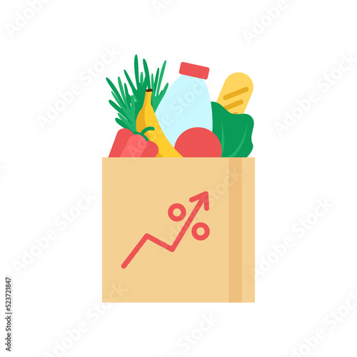 Inflation, high price and growth of food sales. Paper bag with foods on arrow up. Growth of market food, rising commodity prices concept. Consumer price index, crisis. Vector