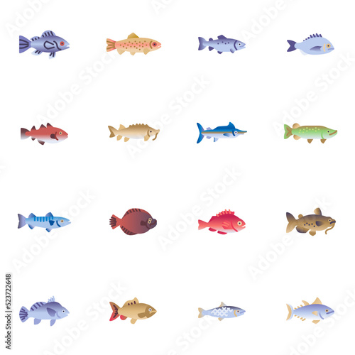 Commercial fish collection flat icons set