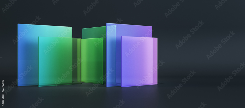 Obraz premium Abstract colorful square glass on wide black background with mock up place for advertisement. Decor and design banner concept. 3D Rendering.